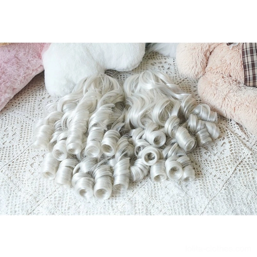 Cream white Lolita bob wig with detachable spiral ringlet ponytails shown as pair only option on mannequin display