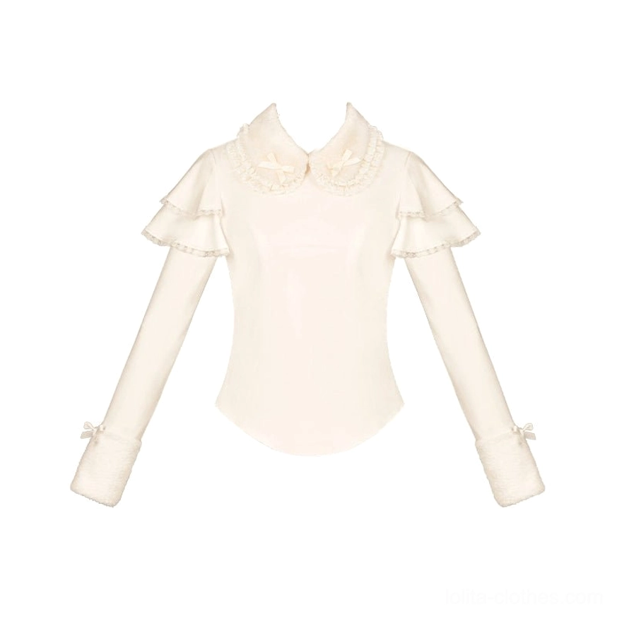 Flat lay front view of cream white lolita long-sleeve inner blouse featuring lace Peter Pan collar, ruffled flutter sleeves, fitted waist, decorative bow knot on cuffs