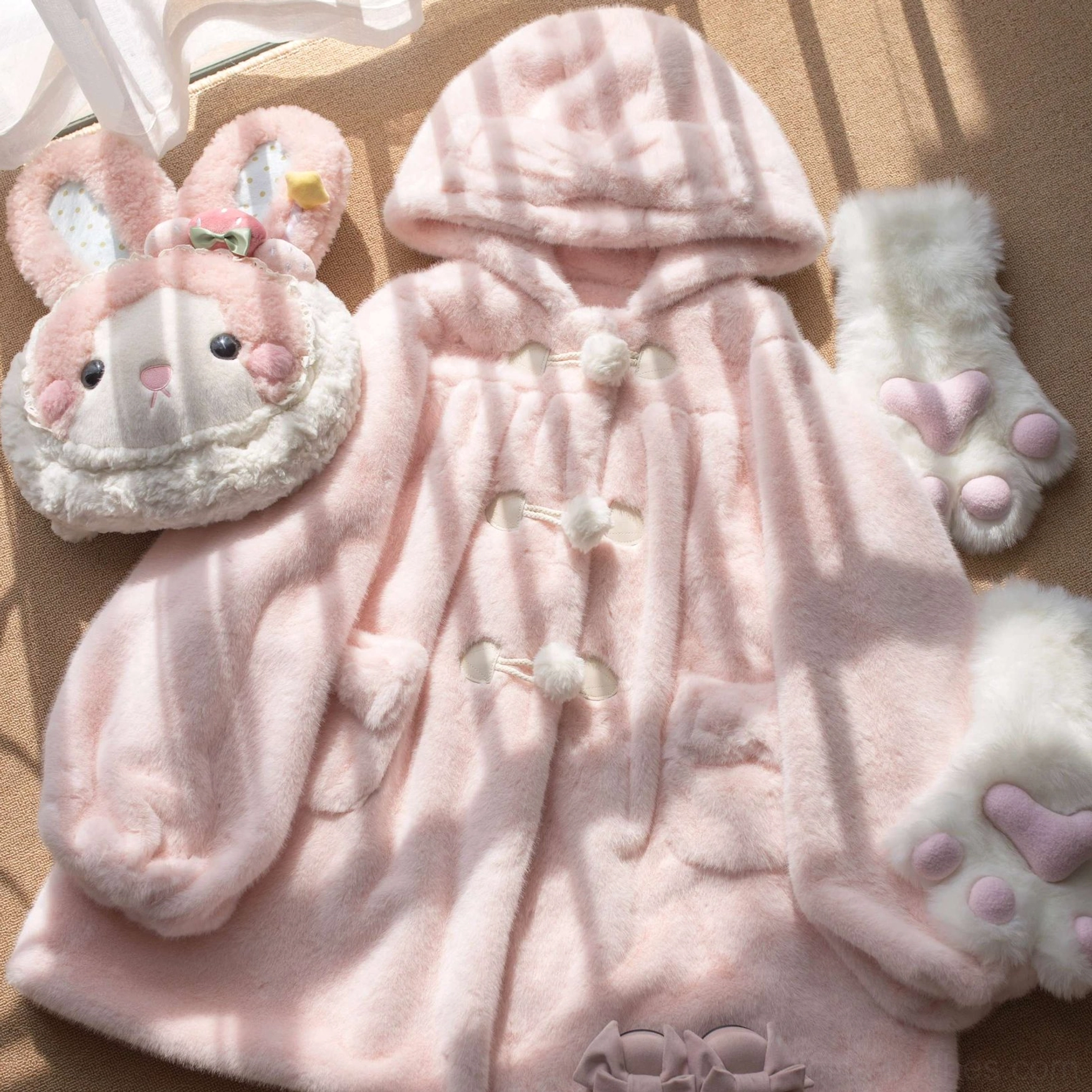 Cream yellow kawaii lolita winter thickened fluffy overcoat with bear ear hood and pom-pom toggle buttons, oversized loose A-line silhouette front display