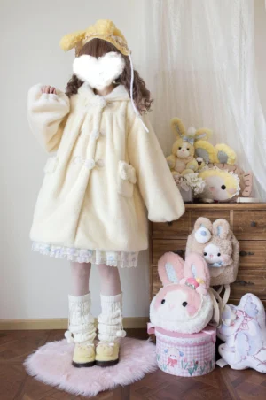 Cream yellow kawaii lolita winter thickened fluffy overcoat with bear ear hood and pom-pom buttons, full-body front view on girl with plush toys background