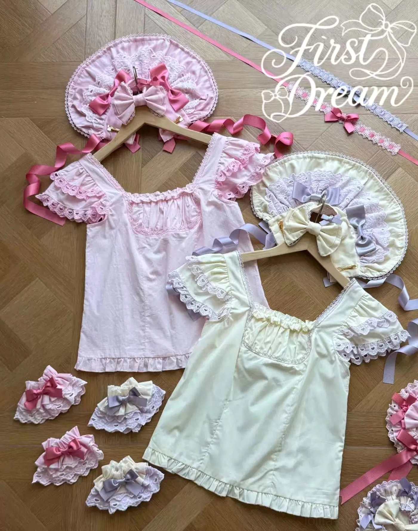 Detail shot of cream yellow and purple striped Lolita dress design elements including vertical striped fabric pattern and decorative ruffles