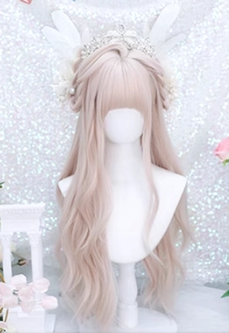Light pink blonde long curly lolita wig with soft air bangs, displayed on mannequin with delicate tiara and wing accessories, glittery sequin background