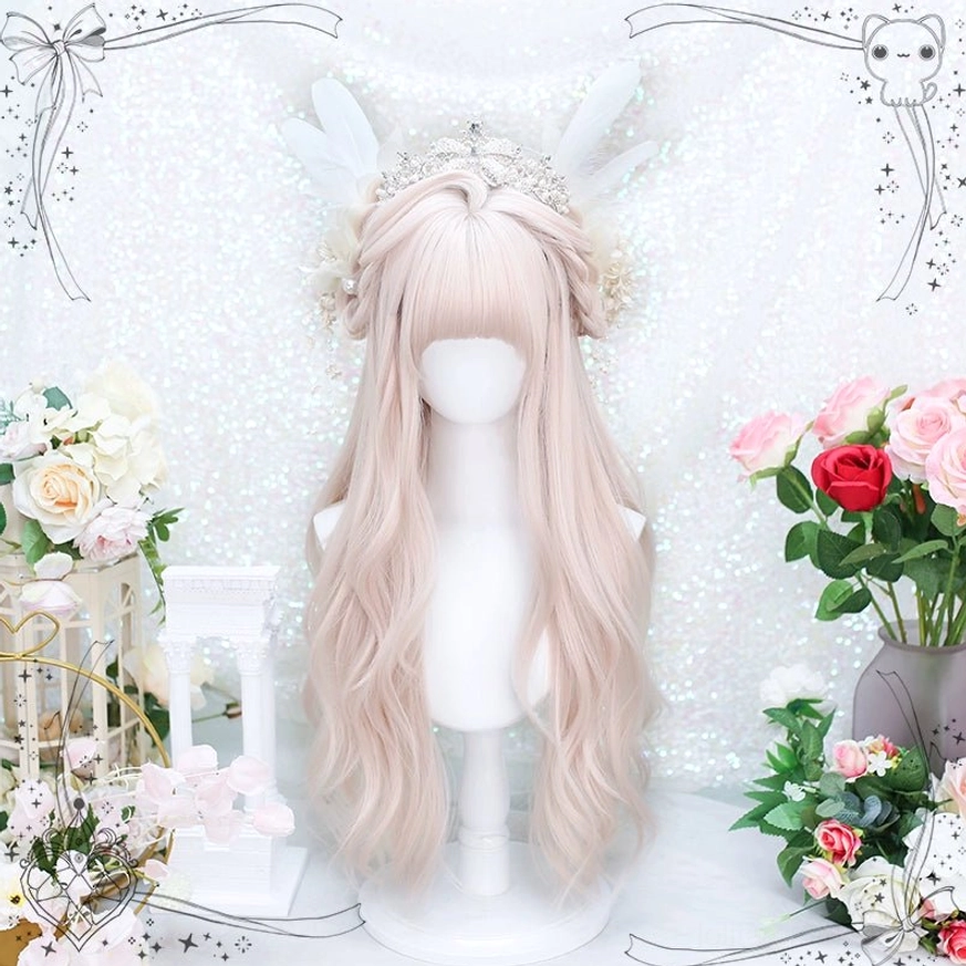 Light pink blonde wavy lolita wig with feathered air bangs on mannequin, front view with tiara and wing flower accessories on glittery sequin backdrop