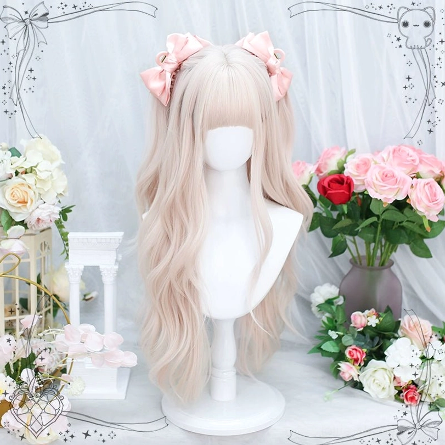 Delicate creamy pink wavy lolita wig with air bangs styled on mannequin, front view paired with pink satin bow accessories on white floral shooting background