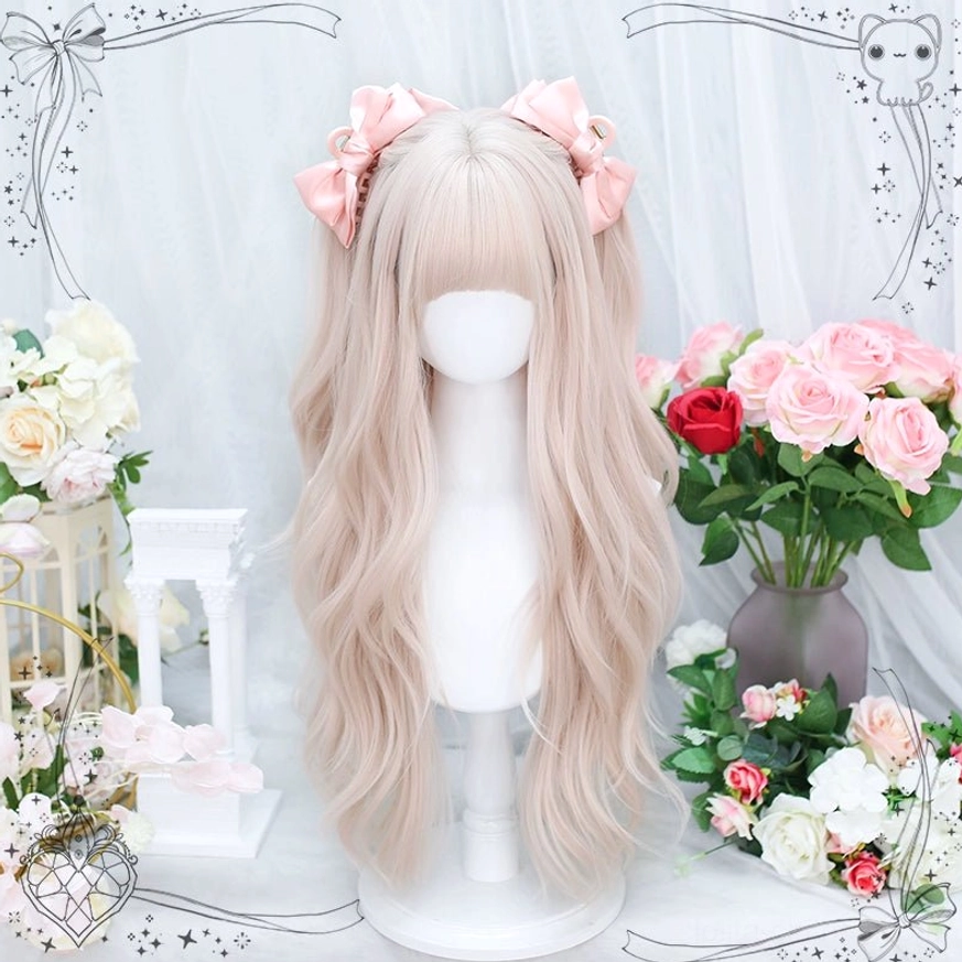 Beautiful creamy pink long curly lolita wig with soft air bangs, front view on mannequin display with pink satin bows, white floral backdrop scene