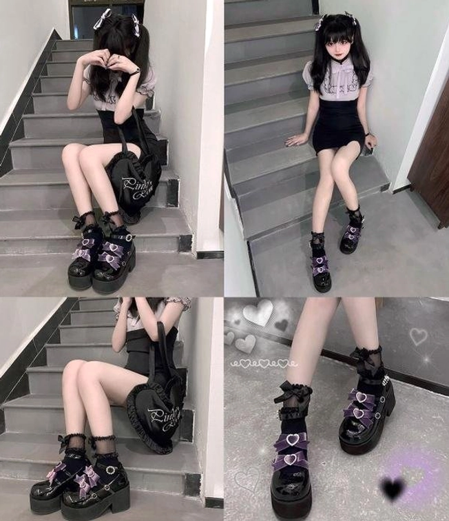 Cross-lace black purple sweet lolita platform heel shoes full body leg display tiered ruffle dress fishnet lace thigh highs coordinate