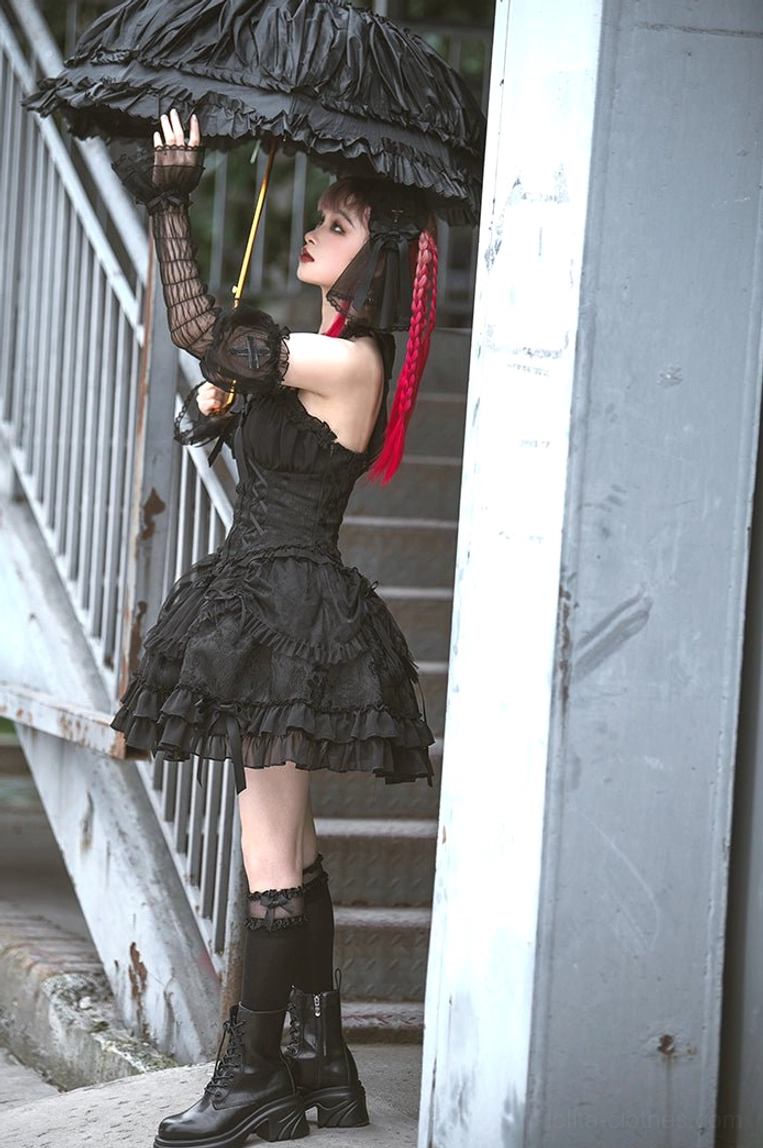 Cross maiden Gothic Lolita arm sleeves with sheer ruffled construction and satin ribbon accents, perfect for tea party events and convention styling