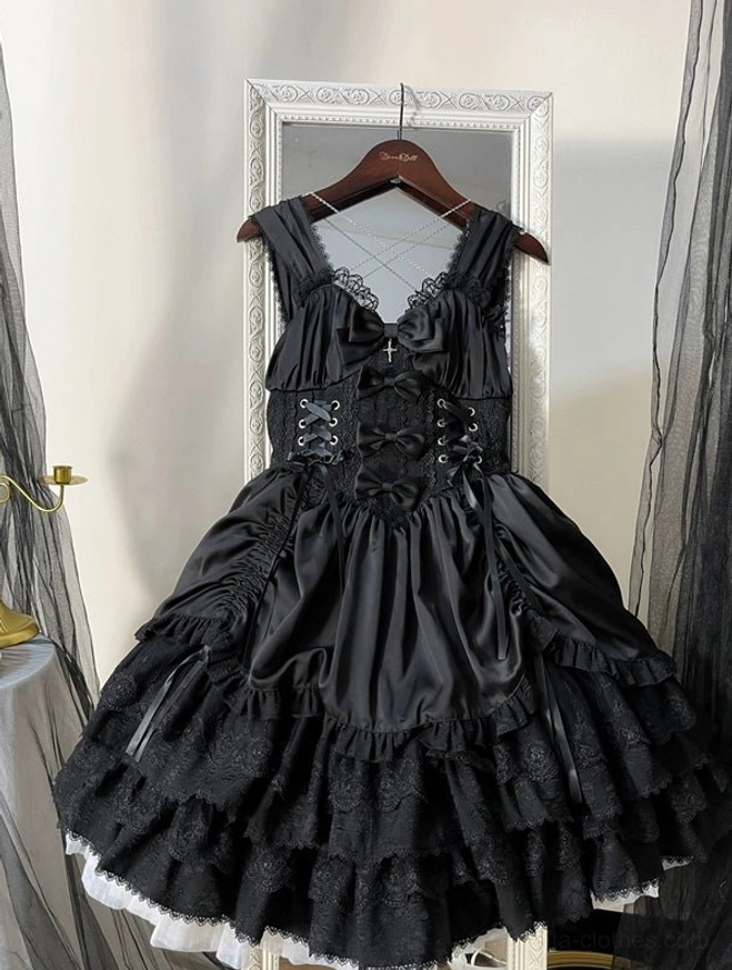 Black Cross Medal Gothic Lolita dress complete set showing JSK and detachable bolero options, multi-layered ruffled lace skirt, adjustable straps, and drawstring hem functionality for versatile styling