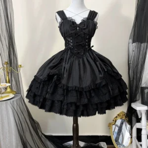 Cross Medal Gothic Lolita JSK jumper dress close-up front view showing crisscross spaghetti straps, lace-up corset waist detail, cross ornament, and layered lace hem design