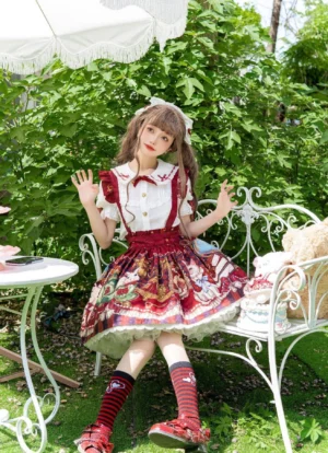 Crown Bear Lolita suspender skirt wine red front full-body portrait kawaii fairy tale print chiffon outdoor garden setting