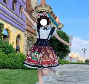 Navy Crown Bear Lolita JSK skirt dynamic full-body outdoor shot castle street multi-color retro print suspenders