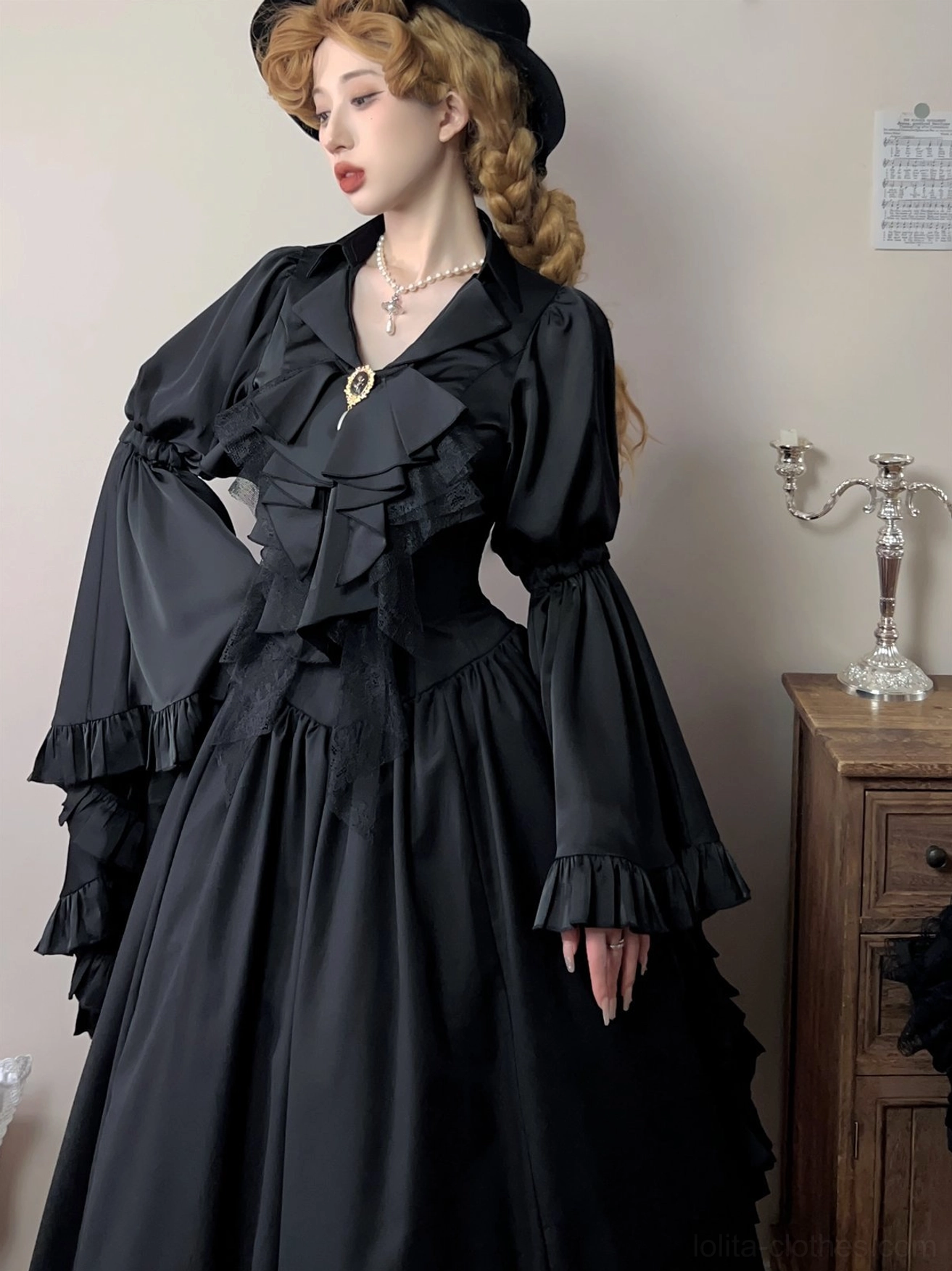 Black Gothic Lolita dress coordinate featuring the Crow's Dinner detachable ruffle jabot as an ornate Victorian-inspired bib-front accessory