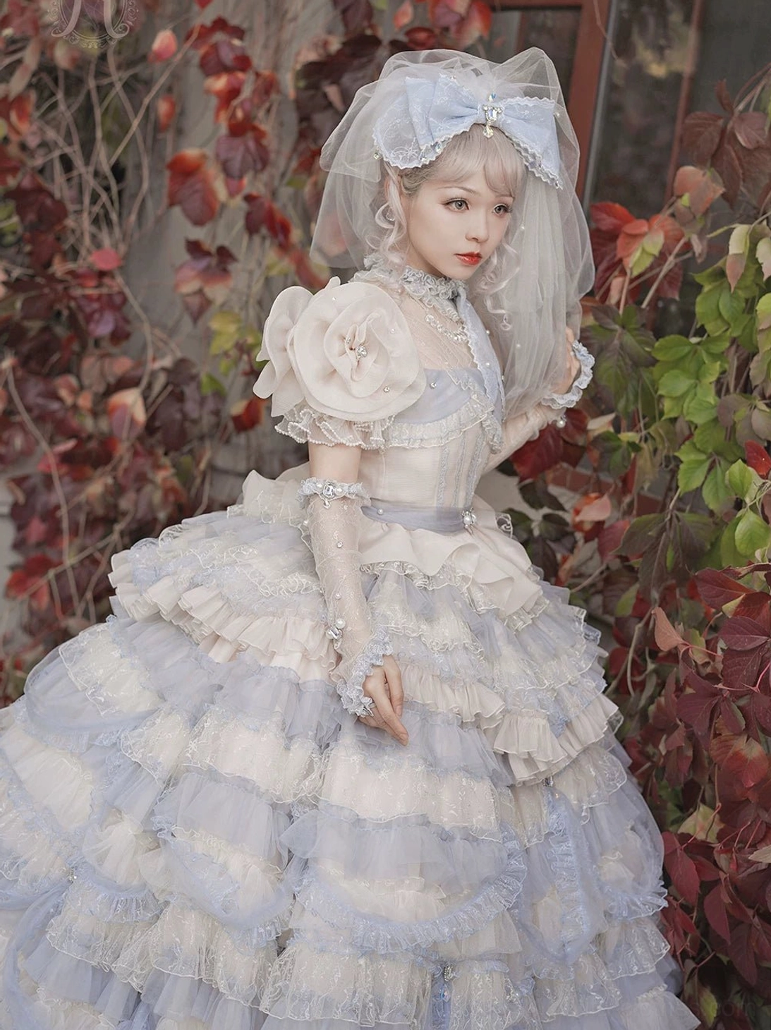 Crystal pure white Lolita headdress veil gloves matching bow trailing set flat lay display product