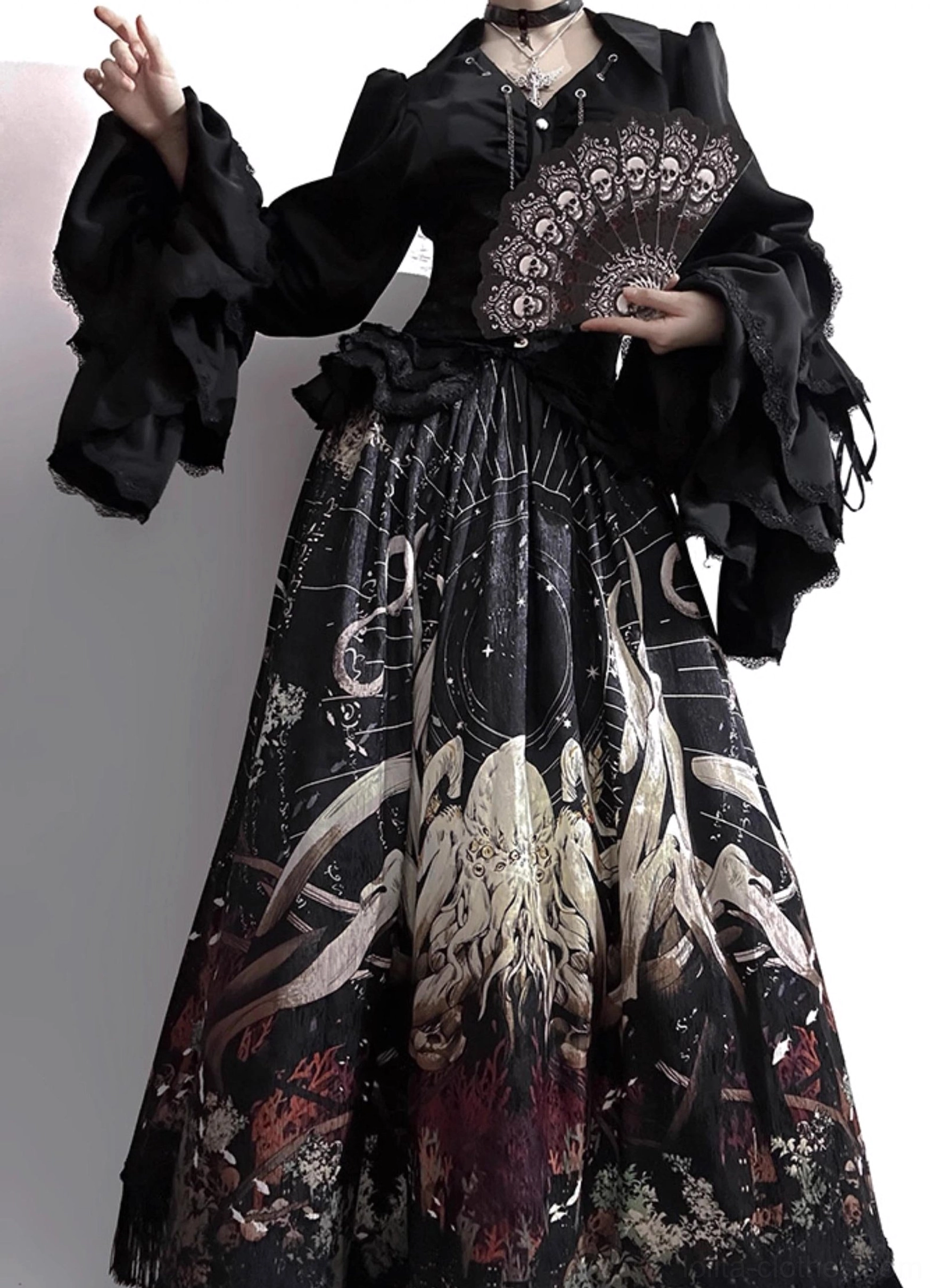 Cthulhu Gothic Lolita top skirt full product display front no model black ruffled bell sleeve blouse high waisted octopus floral print lace fan vintage