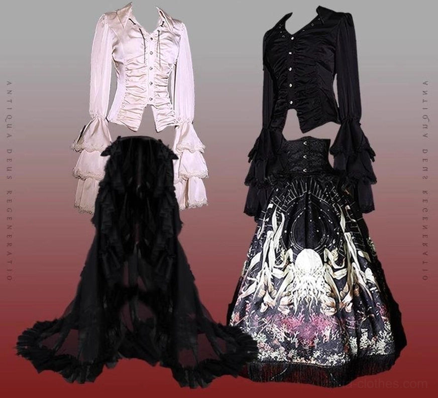 Cthulhu Gothic Lolita double shirts trailing full set both black white blouses 4 hanging chains trailing veil complete