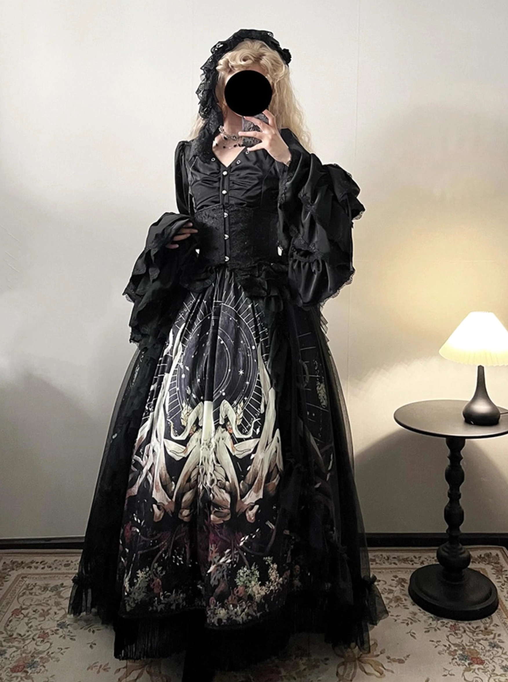 Cthulhu Gothic Lolita dress set indoor mirror selfie front view blonde model all-black corset ruffled long sleeves octopus print skirt headscarf veil