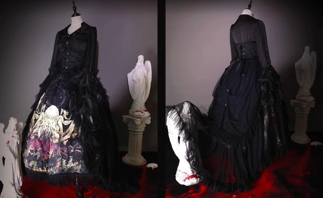 Cthulhu Gothic Lolita octopus print skirt standalone component high waisted bell shaped hem water wave texture