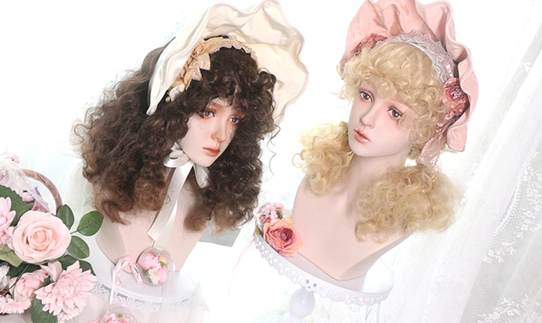 Curly lolita wig close-up detail showing texture quality voluminous curls and full bangs construction
