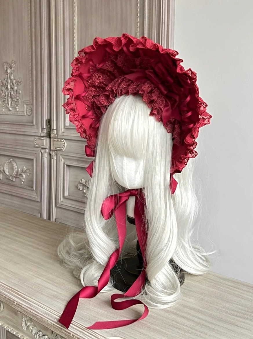 Custom color gothic lolita lace bonnet personalized headwear option, wide ruffled brim with adjustable chin straps and bows