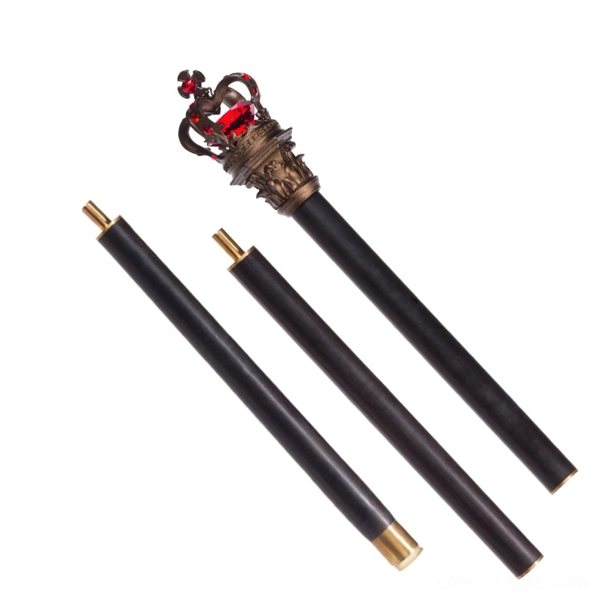 Customizable royal lolita scepter with red gemstone crown, light brown wood-grain pole, three detachable sections, ornate metal finials