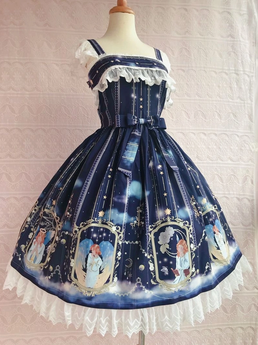 Cyan angel-printed Lolita jumper skirt JSK with lace bust trim, waist sash, and hem lace edge - direct front view