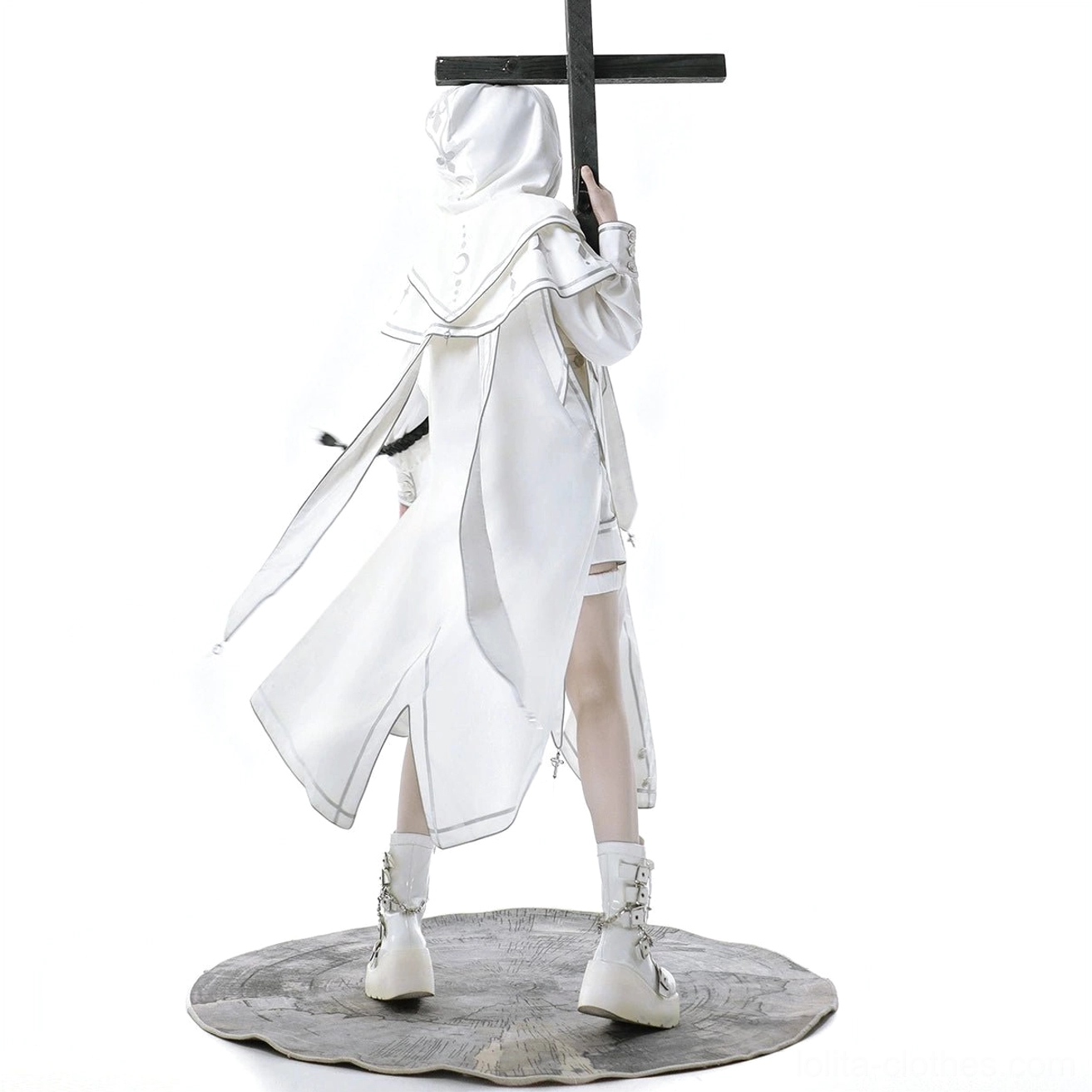 Full back view of punk ouji lolita white ensemble displaying complete hooded draped cloak silhouette with consistent silver trim edges and irregular hemline design