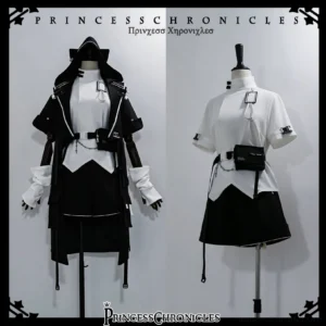 Cyberpunk techwear cat-ear lolita hooded jacket sweater shorts ensemble front full view mannequin display studio photography black white color palette