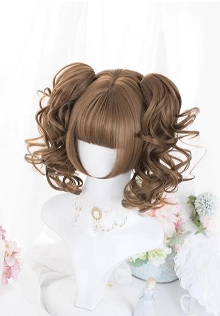 Basic daily lolita double curly ponytail wig warm brown blunt bangs voluminous curly twin ponytails without ornaments front three-quarter view necklace