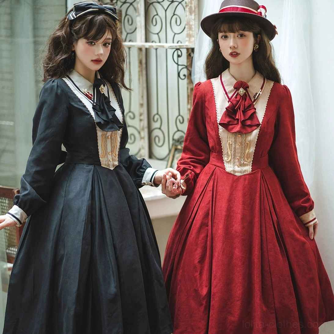 Two daily lolita dress styles indoor portrait navy blue and wine red with coordinating bow tie neck accessory brunette models wrought iron window