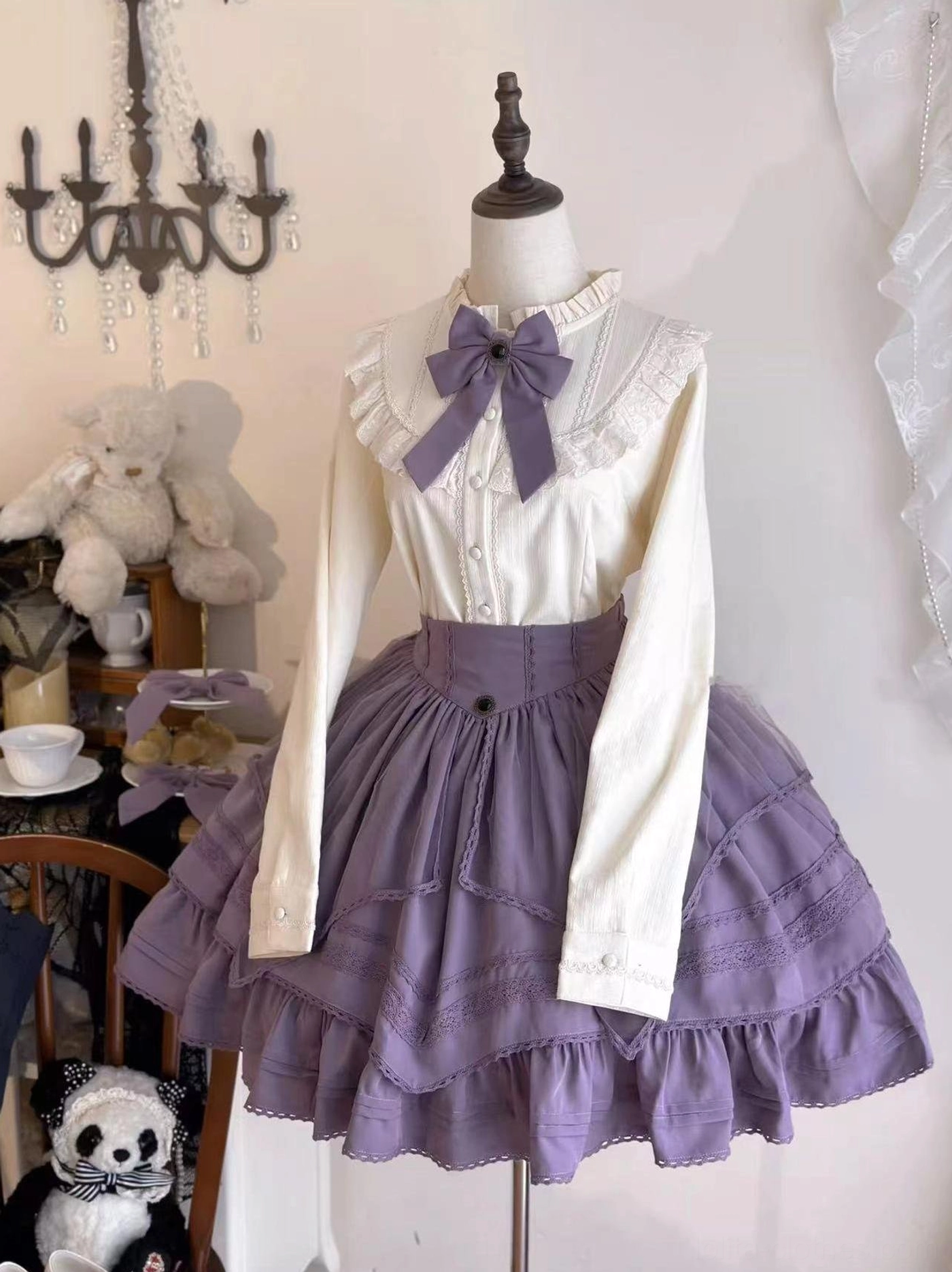 Daily lolita fleece blouse coordinate pairing suggestions with burgundy velvet skirt and matching bow accessories classic romantic style