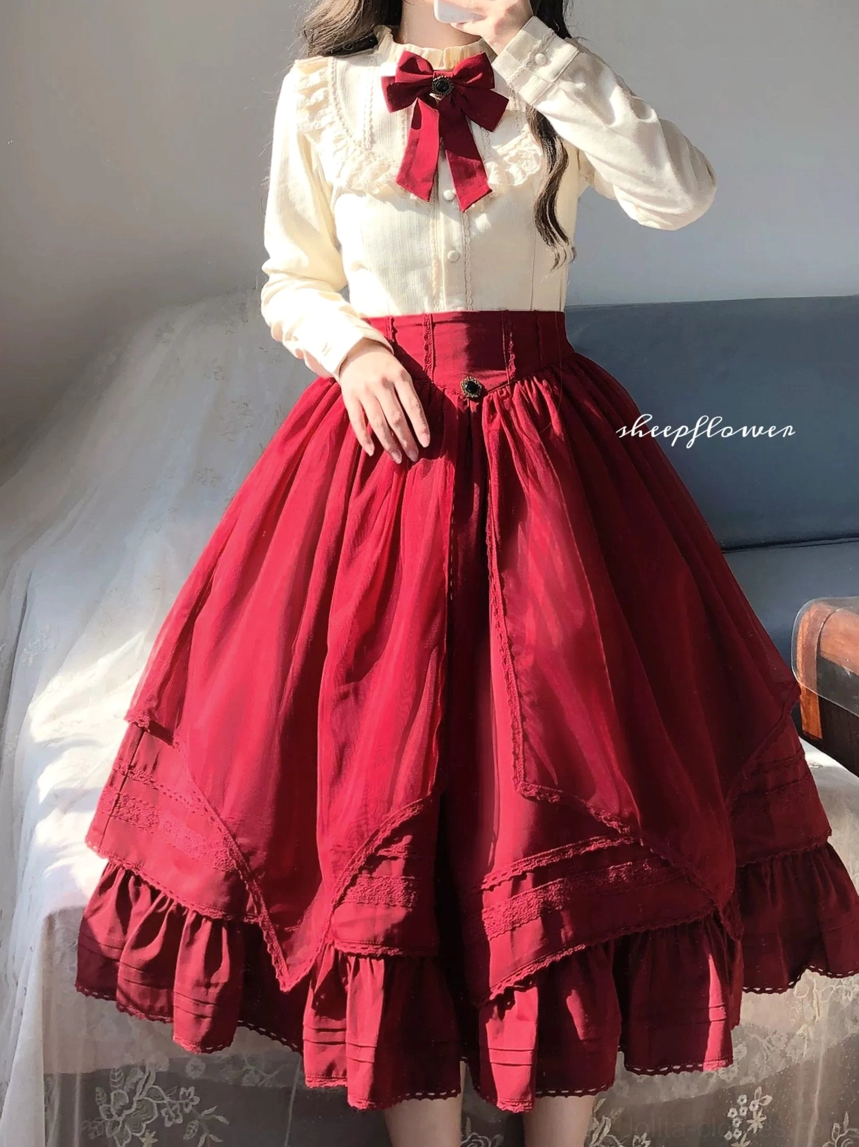 Daily lolita fleece blouse with cotton exterior and velvet lining demonstrating dual-layer construction comfort and breathability