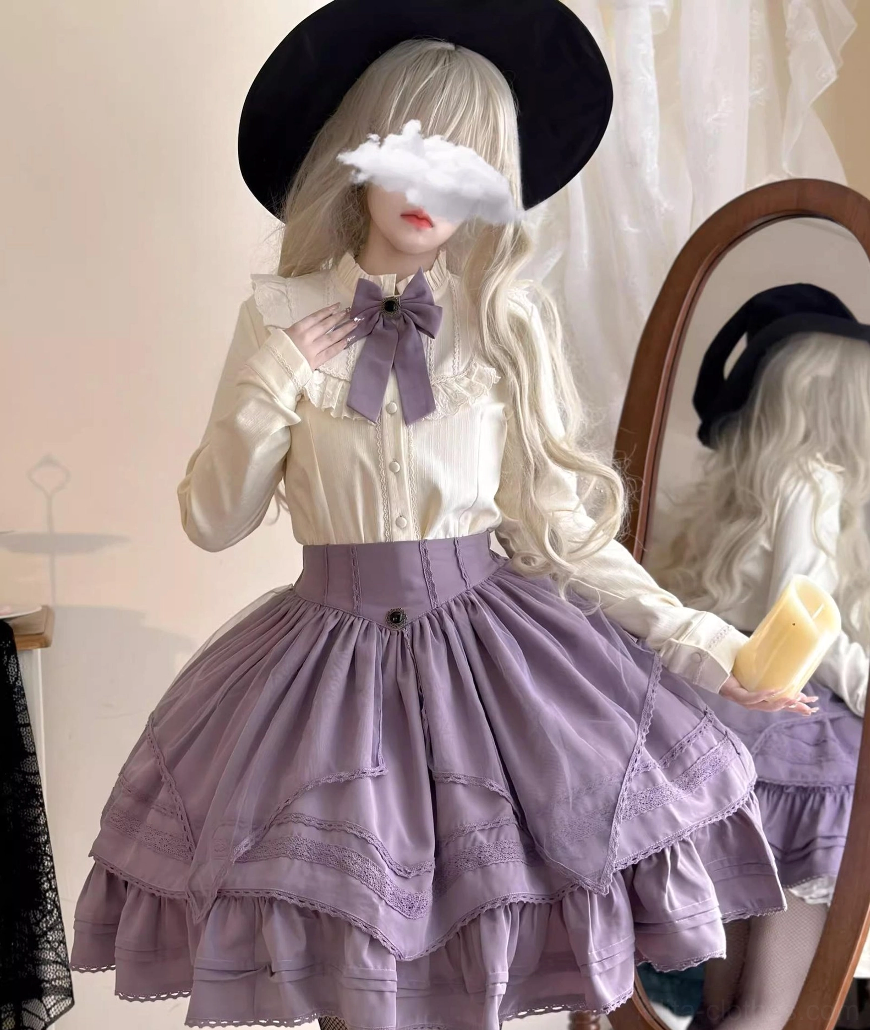Daily lolita fleece blouse with delicate lace collar and long sleeves appropriate for casual and formal lolita events