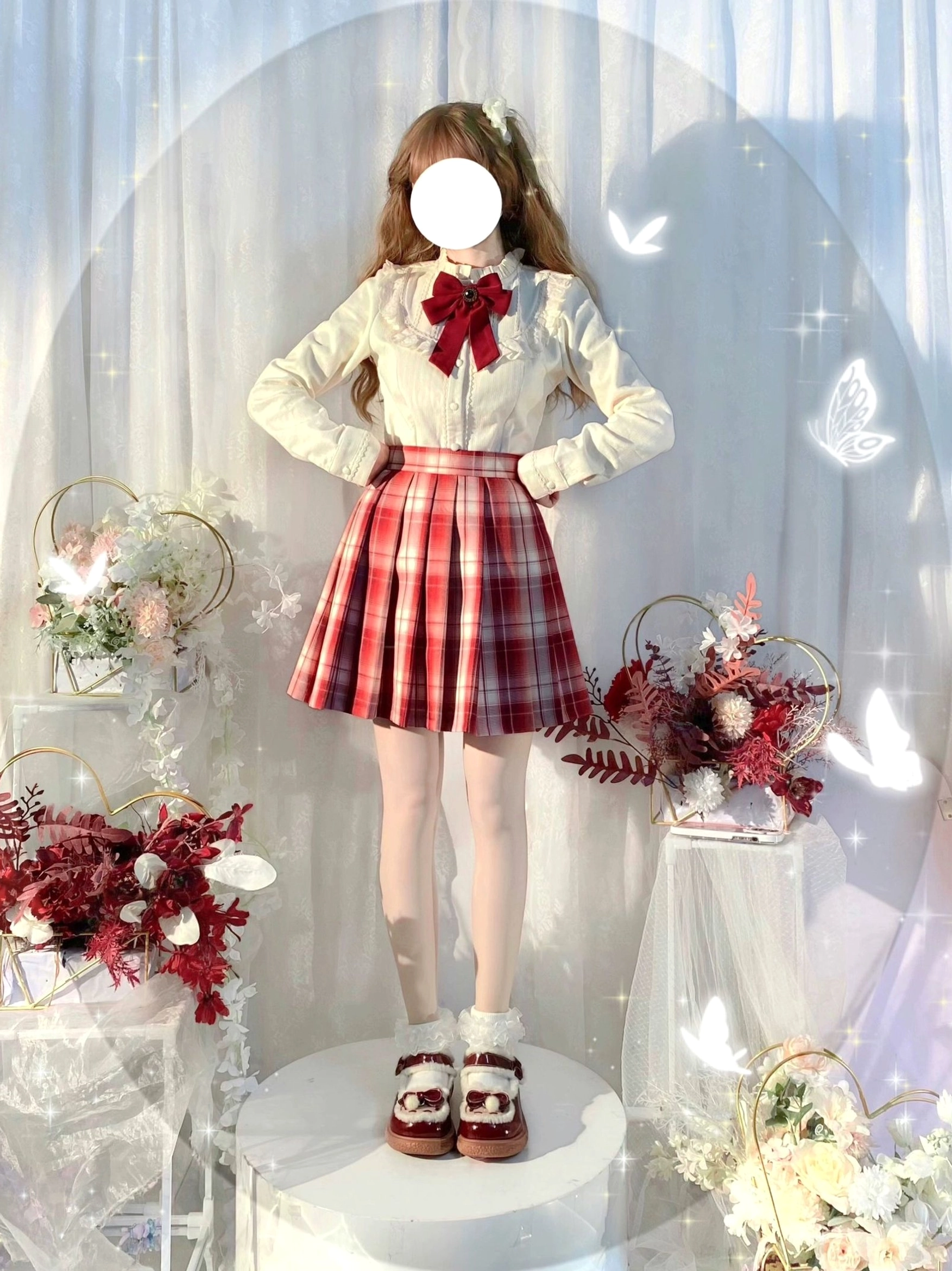 Daily lolita fleece blouse with ruffled stand collar and delicate lace trim front placket refined elegant design details