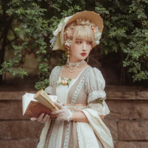 Elegant daily lolita coordinate featuring handmade ribbon belt with pearls on blonde model wearing vintage straw hat and flower hairpins in garden setting