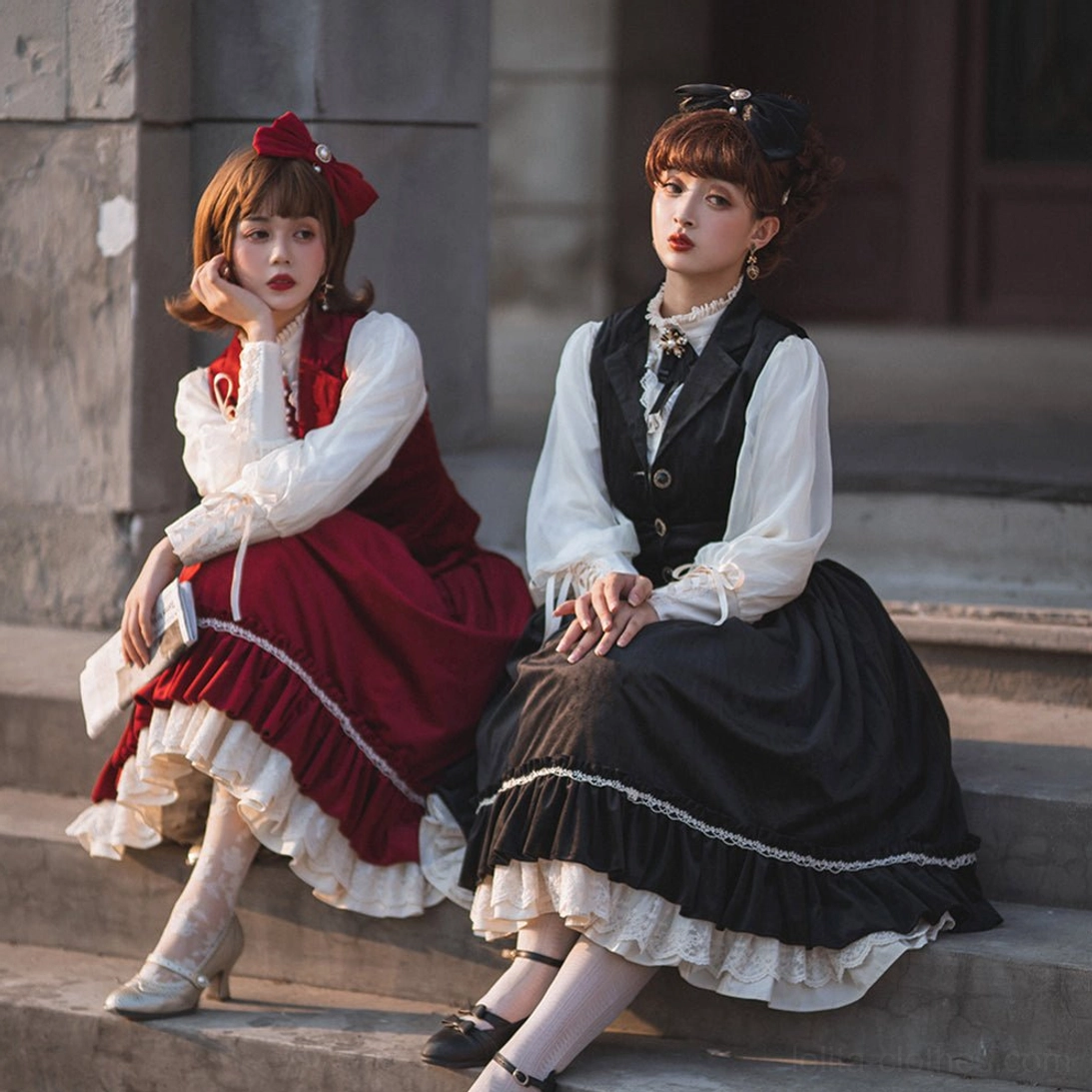 Daily vintage lolita outfits red ruffled skirt set and black waistcoat midi skirt outdoor casual