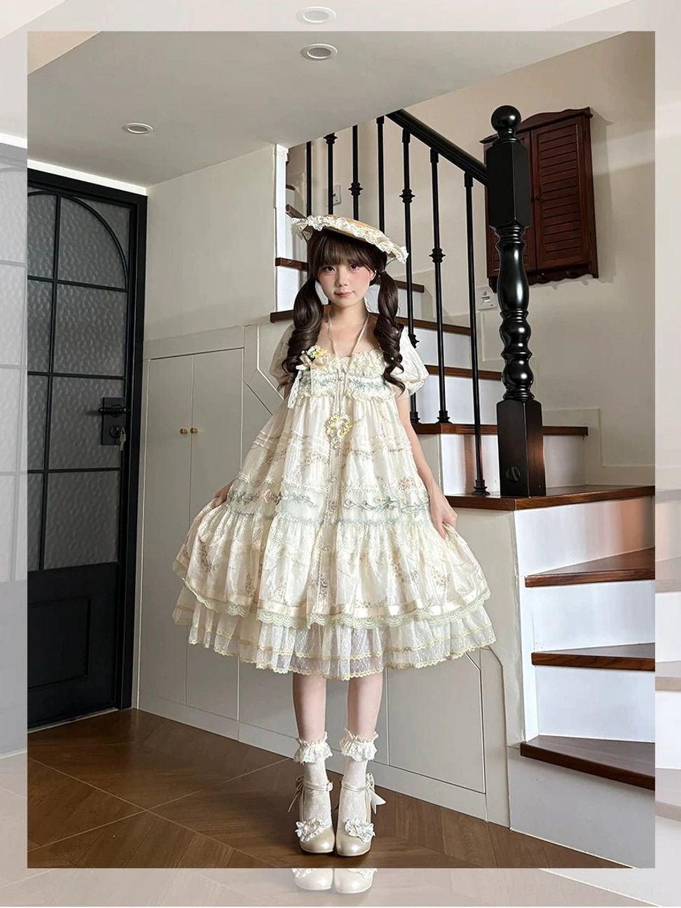 Daisy Poetry lolita collection flat lay overhead view all three pieces JSK OP cardigan brooch organized product photography