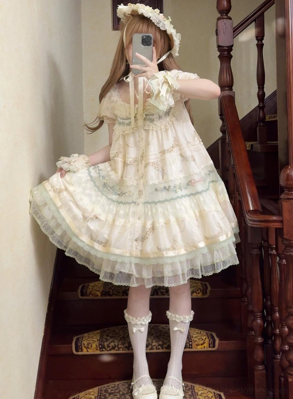 Back view first person selfie Daisy Poetry sleeveless lolita JSK dress white shoes flower crown lace trimmed socks tiered tulle skirt