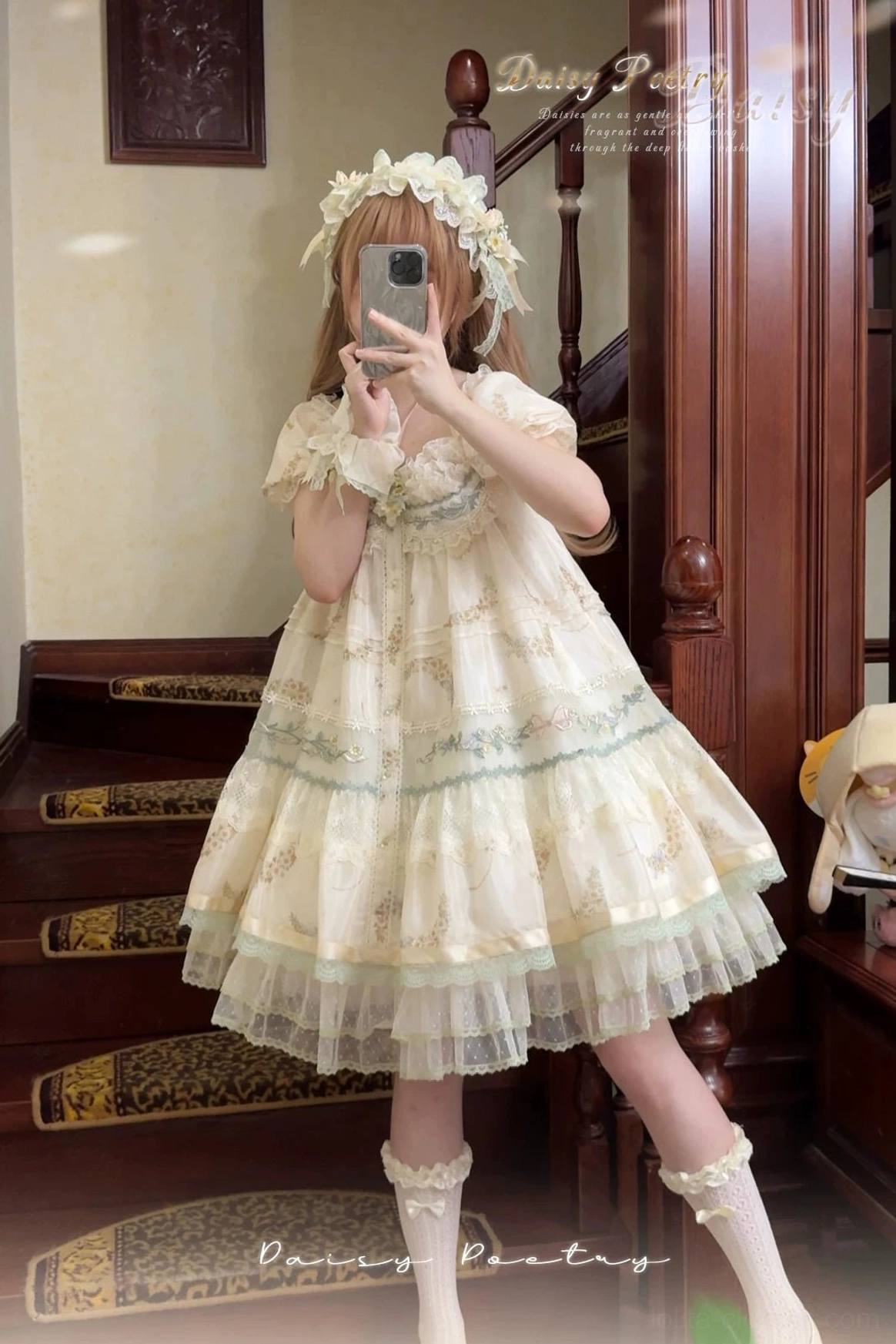 First person selfie view Daisy Poetry sleeveless classic lolita JSK dress white lace socks loafers flower crown staircase tiered skirt