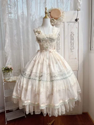 Daisy Poetry sleeveless classic lolita jumper skirt JSK white off-white embroidered daisy flowers tiered tulle skirt vintage lace lolita fashion