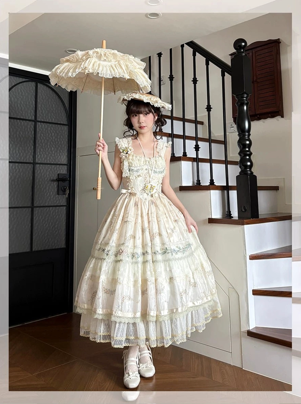 Side profile Daisy Poetry sleeveless classic lolita JSK dress modeled with flower maid hat vintage lace parasol umbrella staircase romantic