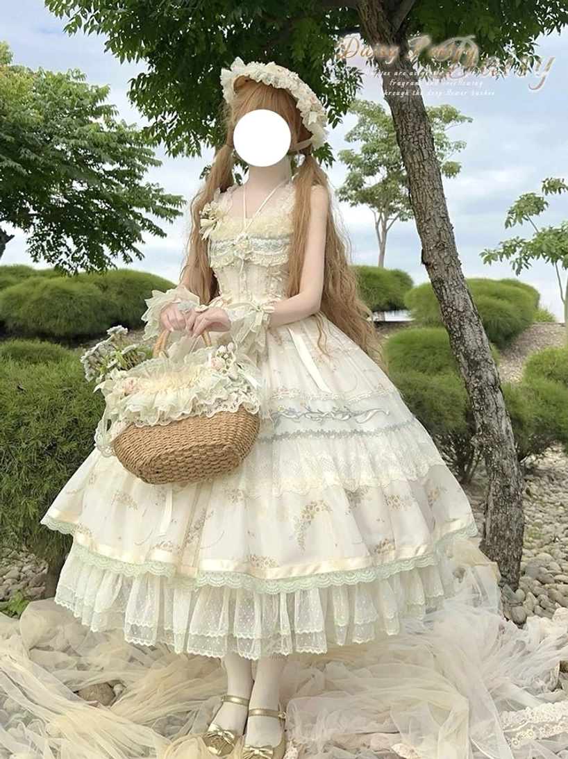 Daisy Poetry sleeveless classic lolita JSK dress side silhouette view white embroidered daisies tiered tulle bell shaped lolita silhouette