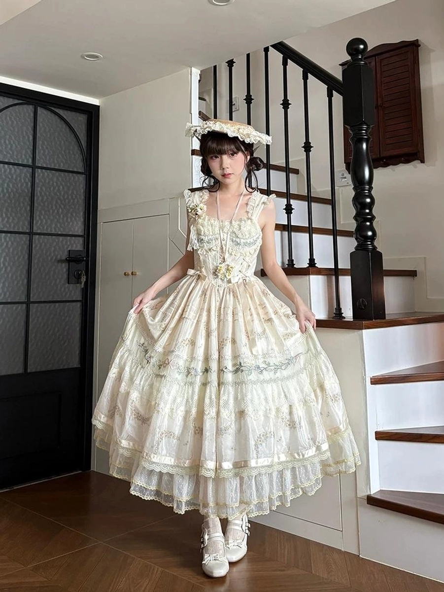 Girl wearing Daisy Poetry sleeveless classic lolita JSK jumper skirt with white lace socks and loafers maid hat staircase indoor styling lolita coordinate