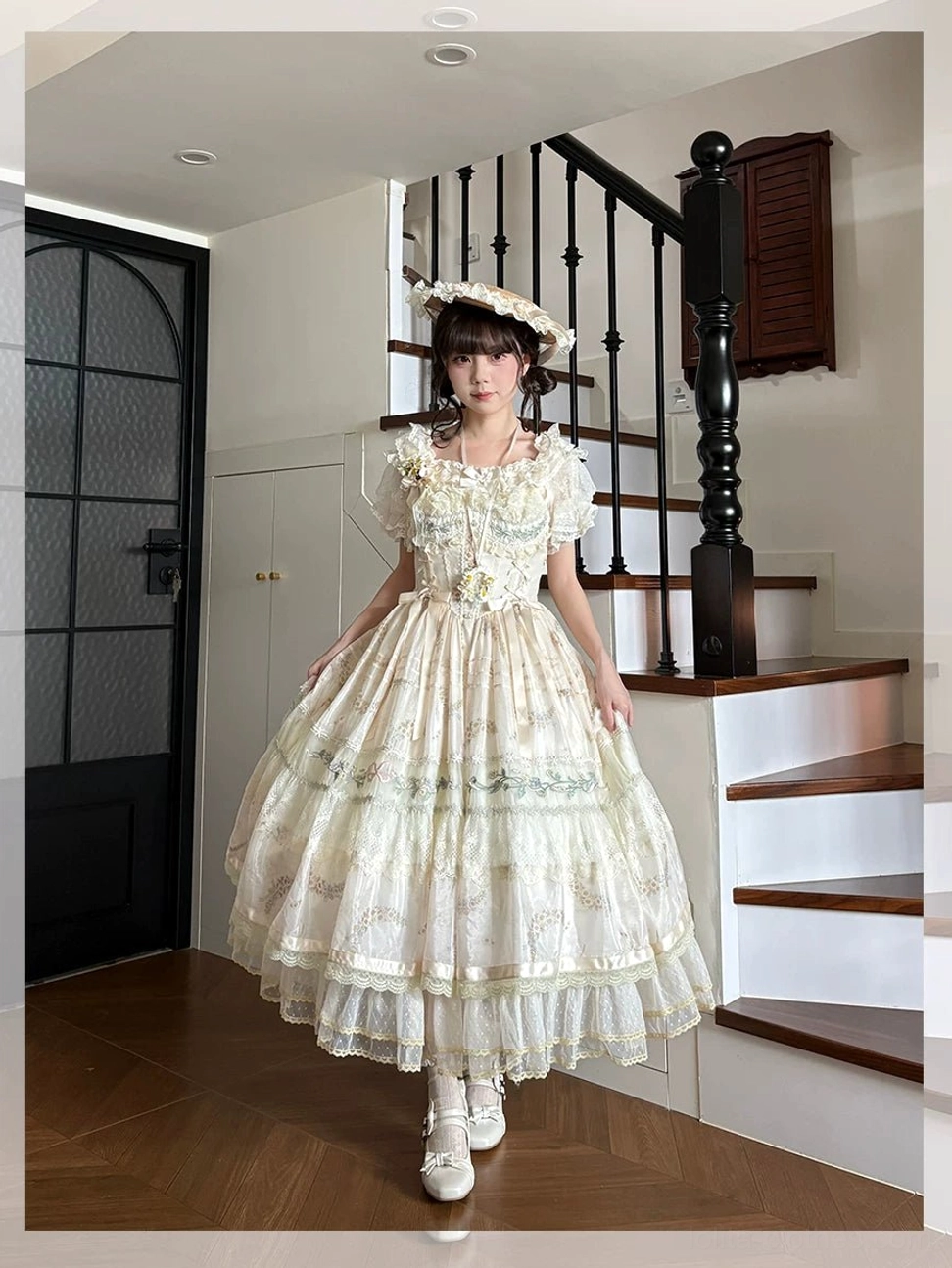 Daisy Poetry lolita JSK jumper skirt waist detail fixed dual bows lace-up back shirring adjustable fit classic lolita construction