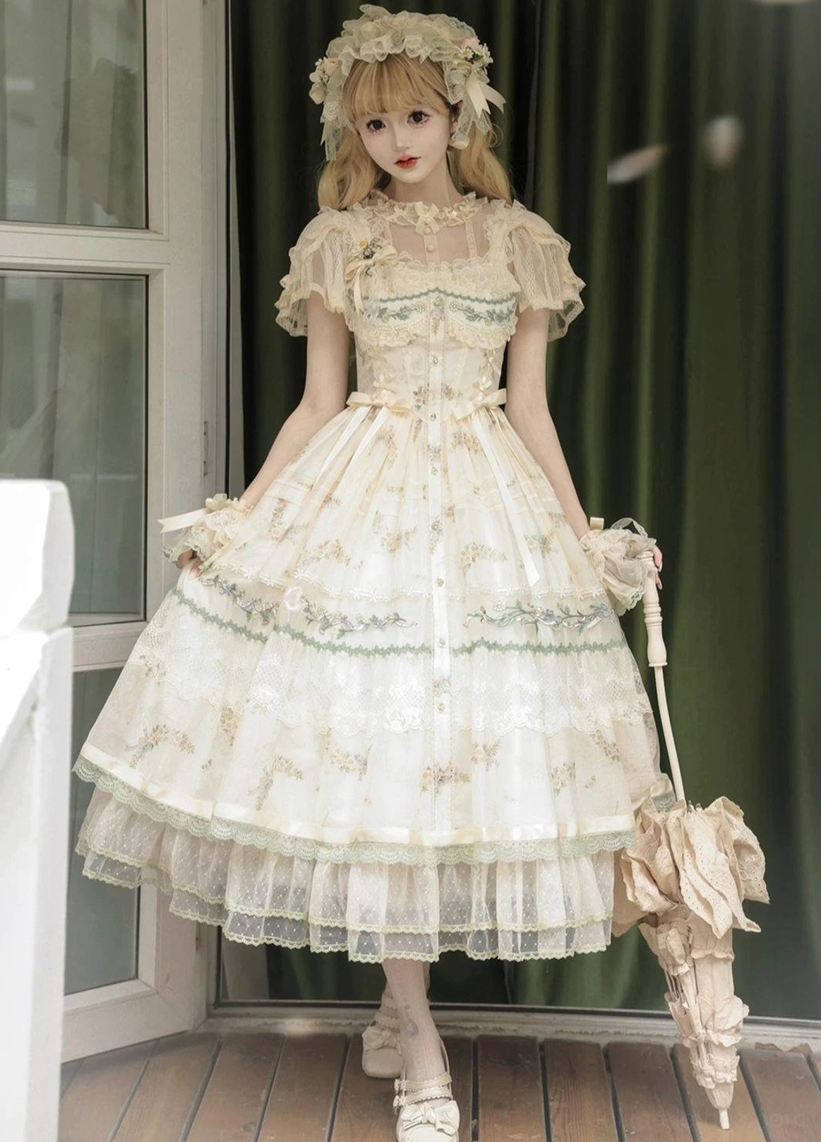 Daisy Poetry lolita OP dress back view detachable bow elegant lolita silhouette tiered tulle skirt sheer lace overlays