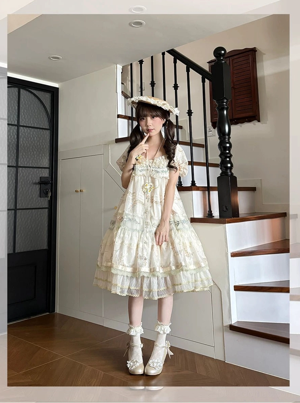 Daisy Poetry lolita one-piece OP dress front detail puffed short sleeves empire waist embroidered flowers classic lolita construction