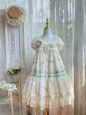 Daisy Poetry short puffed sleeve classic lolita one piece OP dress pastel green floral embroidery empire waist tiered tulle skirt lolita fashion