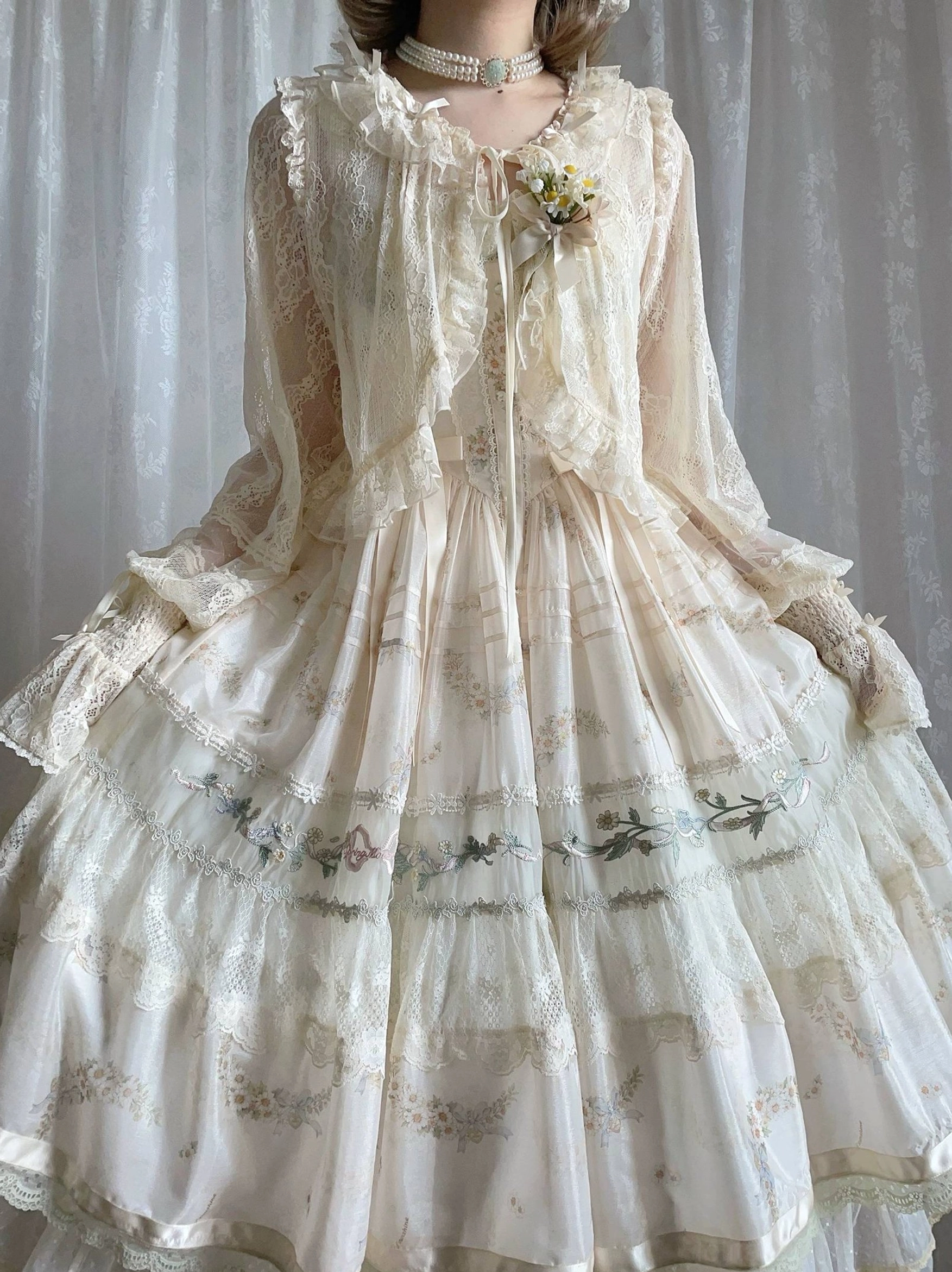 Daisy Poetry matching lace cardigan for classic lolita styling sheer lace fabric off-white cream color lolita coordinate piece