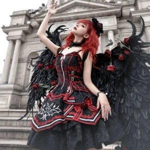 Dark Bat Gothic Lolita Jumper Dress low angle front view showcasing front zipper closure, spiderweb decorative patterns, and contrasting red fabric trim details