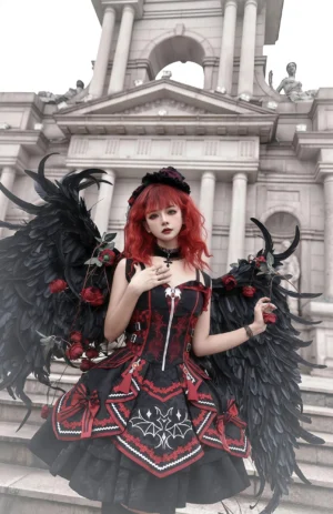 Dark Bat Motion Gothic Lolita JSK front view featuring black and red bat embroidery, tiered ruffled skirt, and back red bow on model with feathered wings