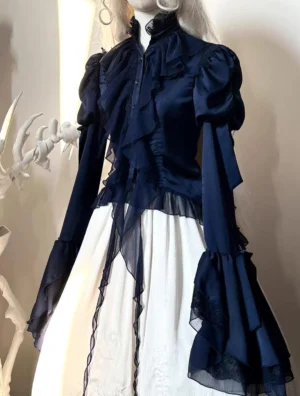 Dark blue gothic lolita blouse with juliet sleeves and irregular swallowtail flounce hem, displayed on mannequin showing front view with ruffled stand collar and lace trims